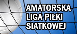 Piłka w siatce oraz napis Amatorska Liga Piłki Siatkowej